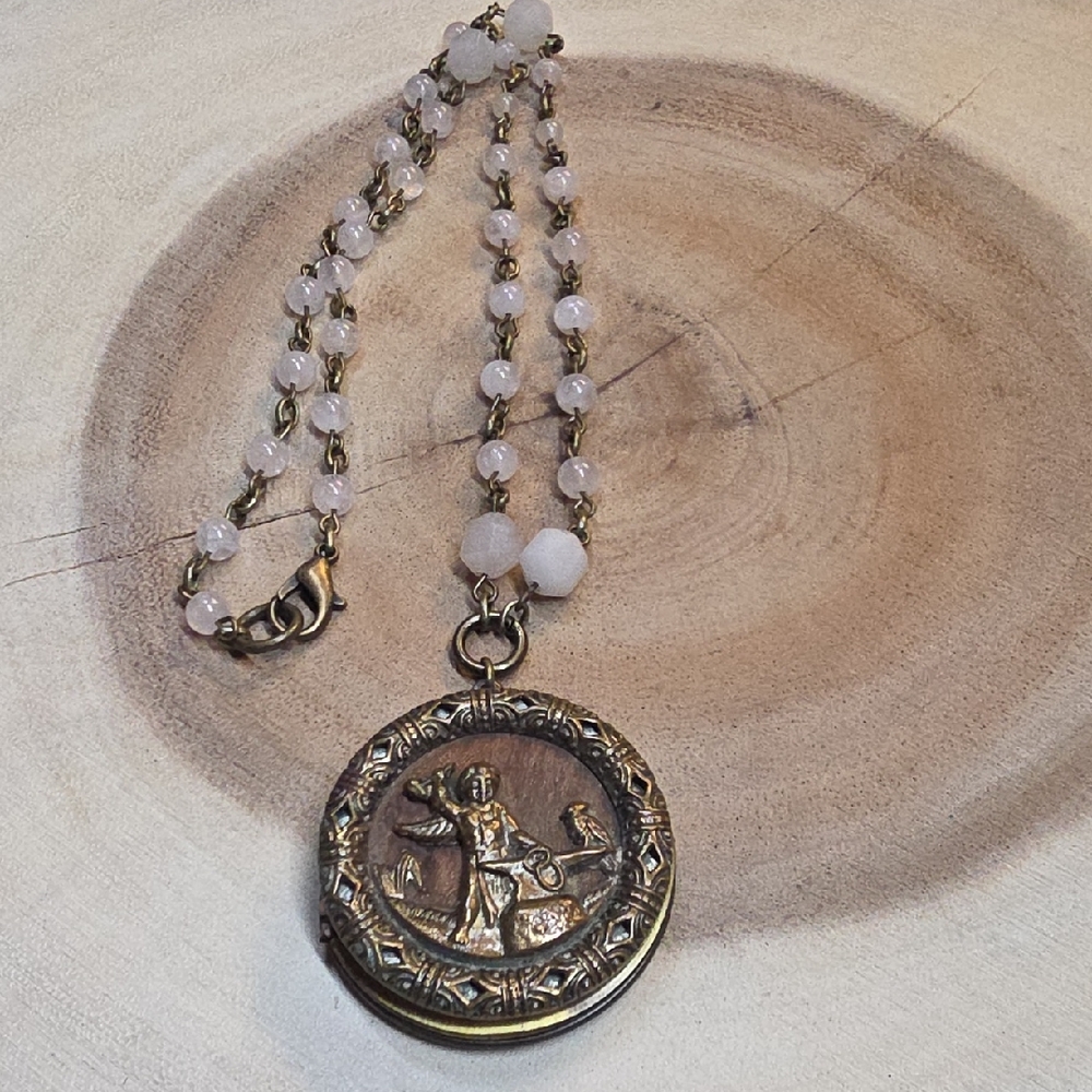 Vintage Antique brass Cupid picture button with Rose Quartz Chain